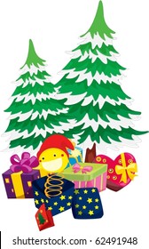 illustration of gift boxes and christmas tree on a white