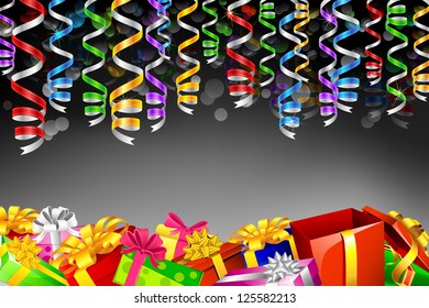 illustration of gift boxes with colorful hanging party steamer