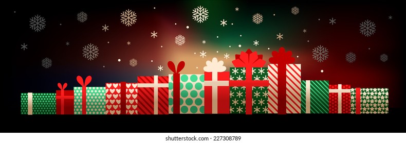 Illustration of gift boxes and snowflakes