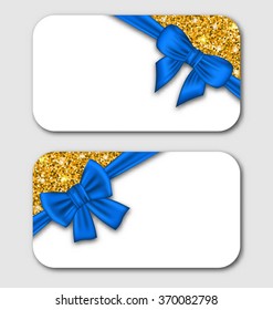 Illustration Gift Cards with Blue Bow Ribbon and Golden Surface. Template for Holiday Cards, Invitations, Discount Design - Vector