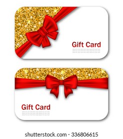 Illustration Gift Cards with Red Bow Ribbon and Golden Sparkles. Template for Greeting Cards, Invitations, Voucher Design - Vector