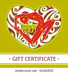 Illustration gift certificate girl to practice yoga, with the  heart on the green background and the lettering