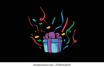 illustration of a gift with cheerful elements on a black background