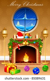 illustration of gift and decoration ball in front of fire place for christmas
