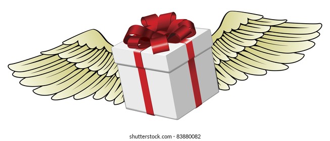 Illustration of a gift flying with feathered wings