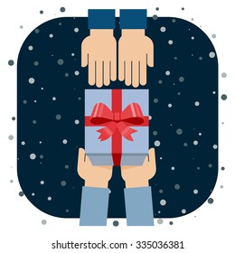 Ilustración de regalo. Ilustración de diseño plano de las manos que dan regalo. Ilustración vectorial.