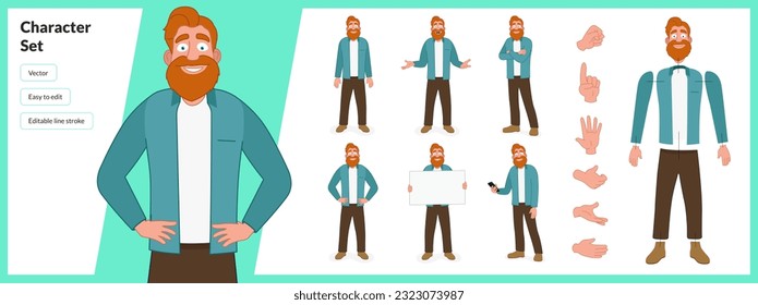 Illustration of ginger bearded man, wearing business casual clothing in a set of multiple poses. Easy to edit with editable line strokes and isolated on white background. Suitable for animation.