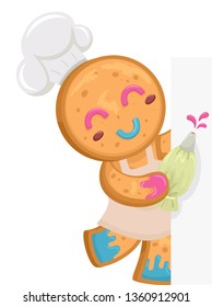 Illustration of a Ginger Bread Man Mascot Wearing Chef Hat and Apron and Holding a Pastry Bag with Blank Board