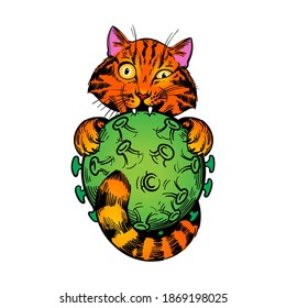 Illustration of a ginger cat gnawing the COVID-19 virus