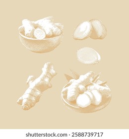 Illustration of ginger placed on a beige background.