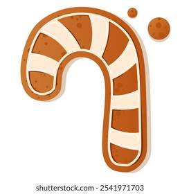 Illustration of a gingerbread Candy cane decorated with white frosting dots, perfect for holiday themes and Christmas baking. Gingerbread cookie. New Year Christmas
