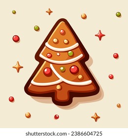 An illustration of a gingerbread Christmas tree decorated with colorful candies and frosting brings a sense of holiday and warmth to winter. A great addition to Christmas and New Year decor