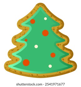 Illustration of a gingerbread Christmas Tree decorated with white frosting dots, perfect for holiday themes and Christmas baking. Gingerbread cookie. New Year Christmas