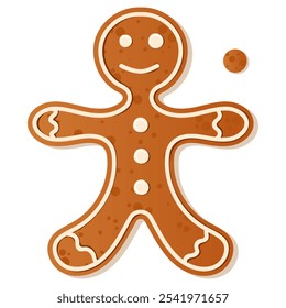 Illustration of a gingerbread man cookie decorated with white frosting dots, perfect for holiday themes and Christmas baking. Gingerbread cookie. New Year Christmas