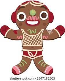 Illustration of a gingerbread man with a sugar mustache, wearing a knitted top and breeches, a modern Christmas character to illustrate an invitation to a festive dance party.