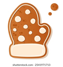 Illustration of a gingerbread mitten cookie decorated with white frosting dots, perfect for holiday themes and Christmas baking. Gingerbread cookie. New Year Christmas
