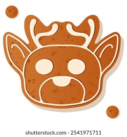 Illustration of a gingerbread reindeer face decorated with white frosting dots, perfect for holiday themes and Christmas baking. Gingerbread cookie. New Year Christmas