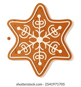 Illustration of a gingerbread snowflake decorated with white frosting dots, perfect for holiday themes and Christmas baking. Gingerbread cookie. New Year Christmas