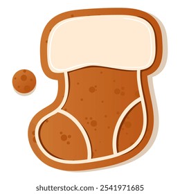 Illustration of a gingerbread Stocking decorated with white frosting dots, perfect for holiday themes and Christmas baking. Gingerbread cookie. New Year Christmas