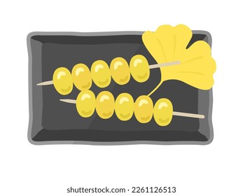 An illustration of ginkgo skewers served on a plate.