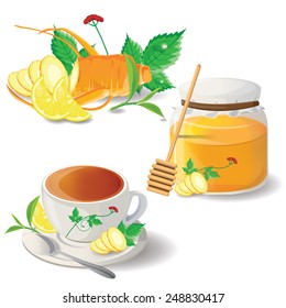 illustration ginseng ,honey, lemon,green tea on white 