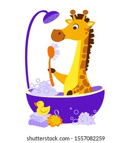 Illustration of giraf in the bathroom. Illustration for kids heaith care.