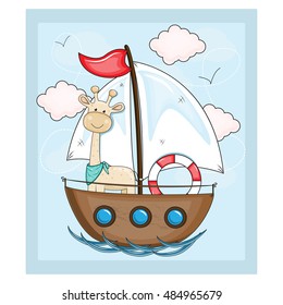 Illustration of a giraffe in the boat. Giraffe sails on a boat with a lifeline.