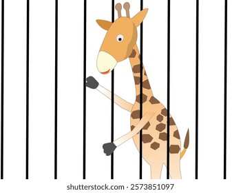 Illustration of a giraffe in a cage at the zoo.