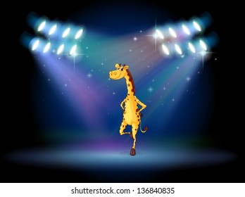 Illustration of a giraffe dancing on the stage with spotlights