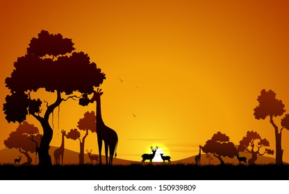 Illustration Of Giraffe And Deer In Jungle