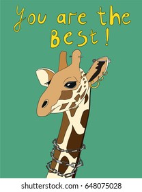 Illustration of a giraffe with earrings and chain.