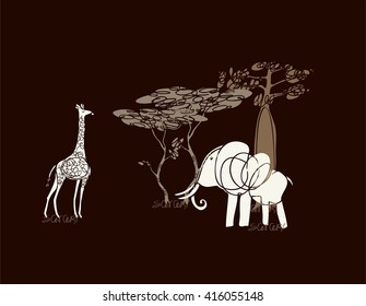 illustration with giraffe and elephants in the African savannah