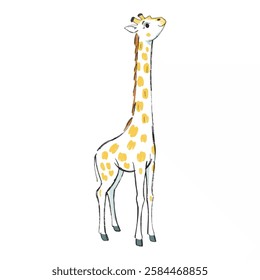 Illustration of a Giraffe with a Friendly Expression and Relaxed Posture A gentle giraffe with soft features, standing tall with a welcoming expression.