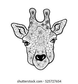 Illustration "Giraffe head" was created in doodling style in black and white colors.  Painted image is isolated on white background. It  can be used for coloring books for adult.
