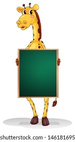 Illustration of a giraffe holding an empty board on a white background 