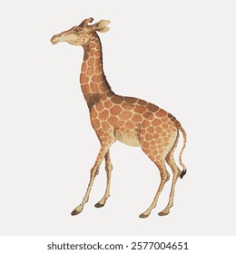 Illustration of a giraffe with a long neck and spotted pattern. The giraffe stands tall, showcasing its unique spots and graceful neck. Giraffe art with spots. Isolated vintage vector element.