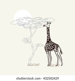 Illustration with giraffe on a background of acacia and sun