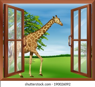 Illustration of a giraffe outside the window
