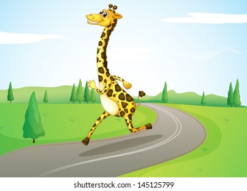 Illustration of a giraffe running along the road