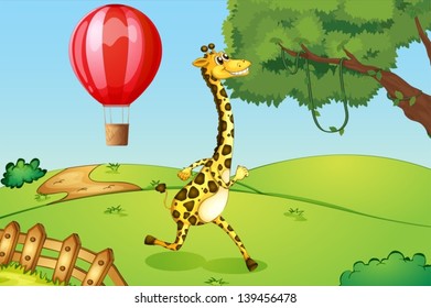 Illustration einer Giraffe und eines schwimmenden Heißluftballons
