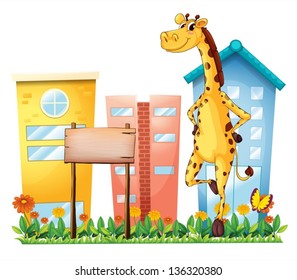 Illustration of a giraffe standing beside an empty wooden signboard  on a white background