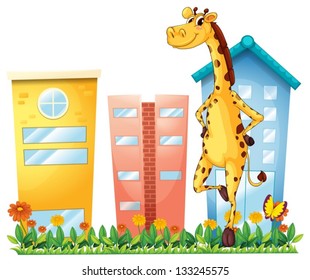 Illustration of a giraffe standing in front of the tall buildings on a white background
