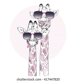 illustration of giraffes in dark sunglasses, hand drawn graphic