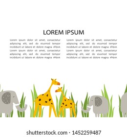 Illustration with giraffes, elephants and place for text, poster design. Colorful background vector. Cartoon wallpaper. Hand drawn backdrop, animals