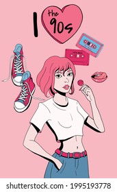 illustration with girl about 90s in cartoon style