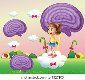 Illustration of a girl above the cloud surrounded with spiral candies