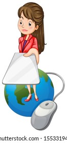 Illustration of a girl above a globe holding a gadget on a white background