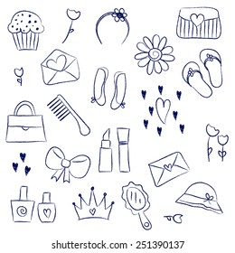 Illustration of girl accessories chalky doodle icons