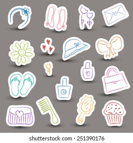 Illustration of girl accessories chalky doodle icons