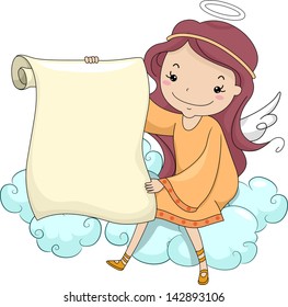 Illustration of a Girl Angel holding a Blank Scroll while Sitting on a Cloud